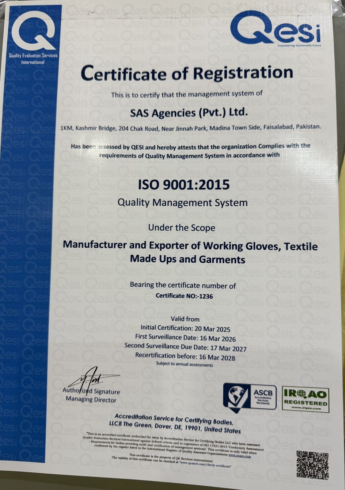 ISO 9001:2015 certificate for SAS Agencies — certificate number 1236, issued by QESI