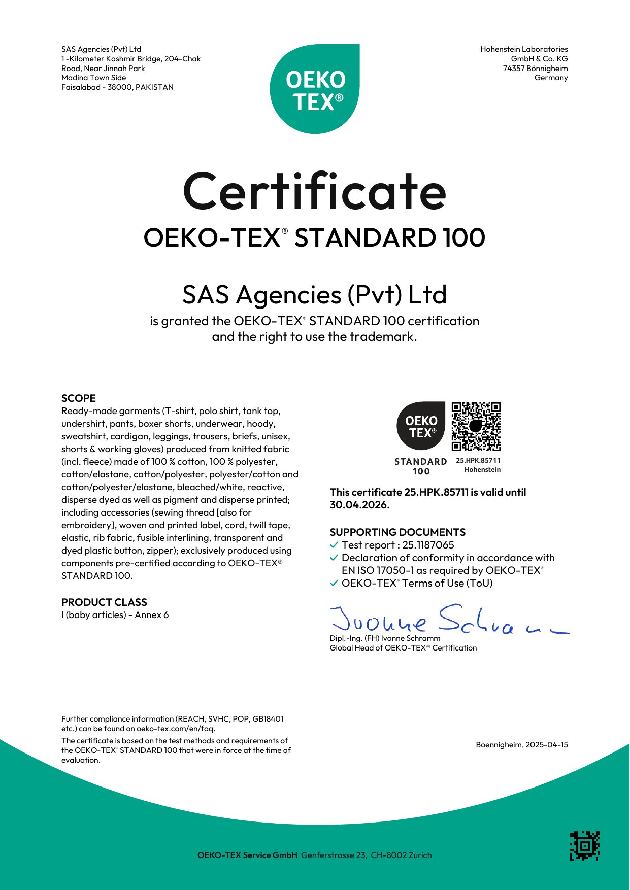 OEKO-TEX Standard 100 certificate for SAS Agencies — certificate number 25.HPK.85711