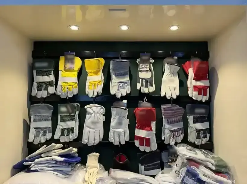 Wall display of leather working glove samples at the SAS Agencies showroom